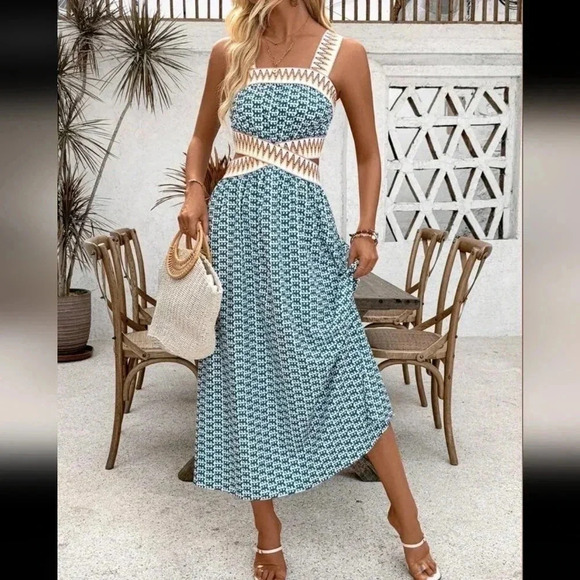 Holiday Casual Printed Patchwork Woven Belt Sleeveless Hollow Out Dr - Picture 2 of 6